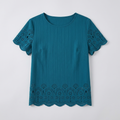 A teal short-sleeve top with vertical ribbing, scalloped eyelet lace trim at the sleeves and hem, and a round neckline, shown flat against a light gray background.