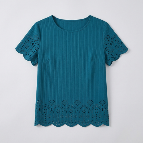 A teal short-sleeve top with vertical ribbing, scalloped eyelet lace trim at the sleeves and hem, and a round neckline, shown flat against a light gray background.