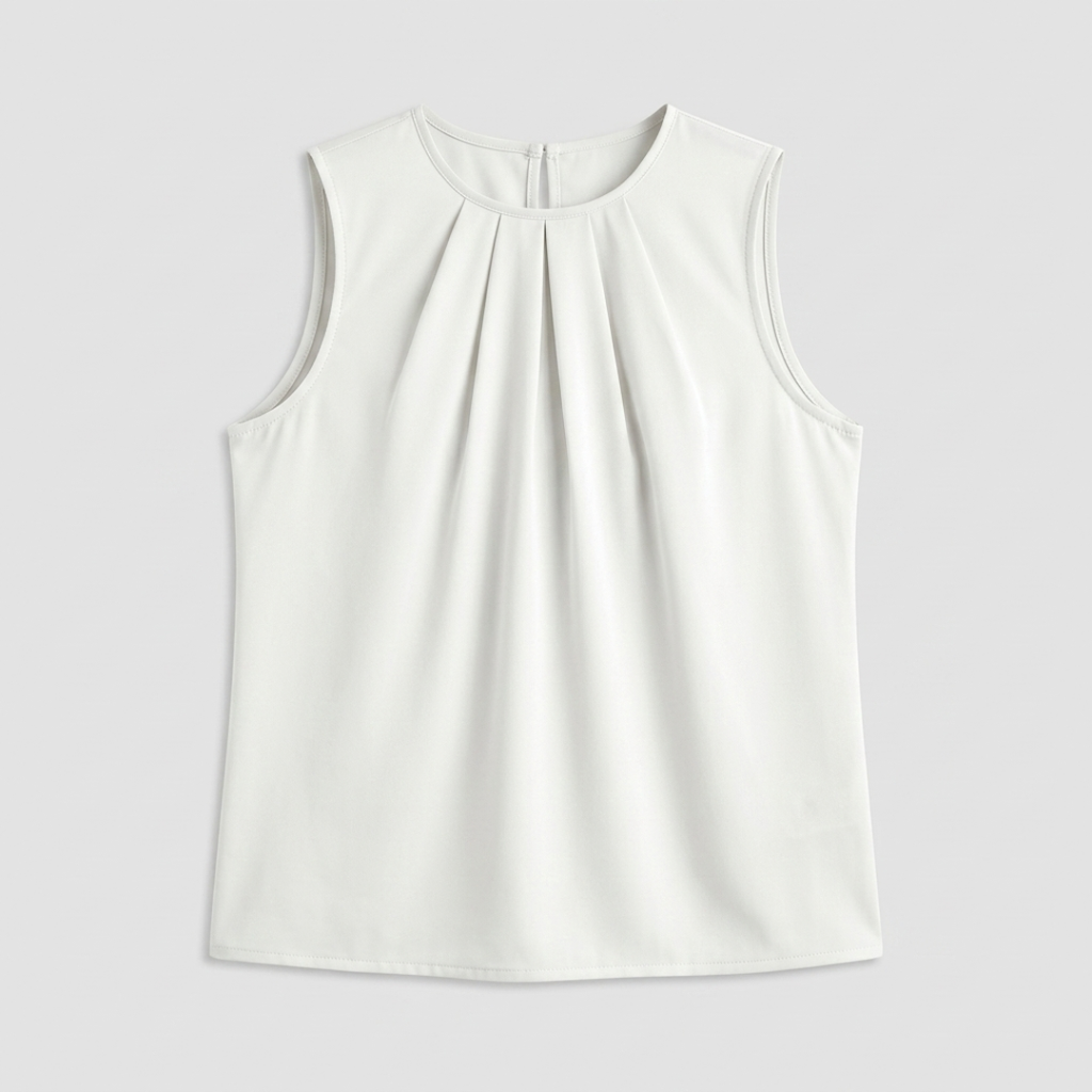 A cream-colored short-sleeve top with a round neckline and vertical pleats on the chest, displayed against a light gray background.