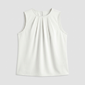 A cream-colored short-sleeve top with a round neckline and vertical pleats on the chest, displayed against a light gray background.