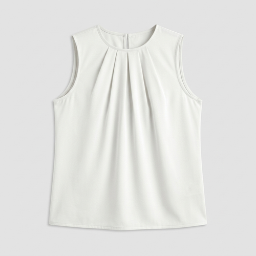 A cream-colored short-sleeve top with a round neckline and vertical pleats on the chest, displayed against a light gray background.