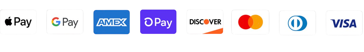 Row of accepted payment method icons: Apple Pay, Google Pay, American Express, O Pay, Discover, Mastercard, Diners Club, and Visa.