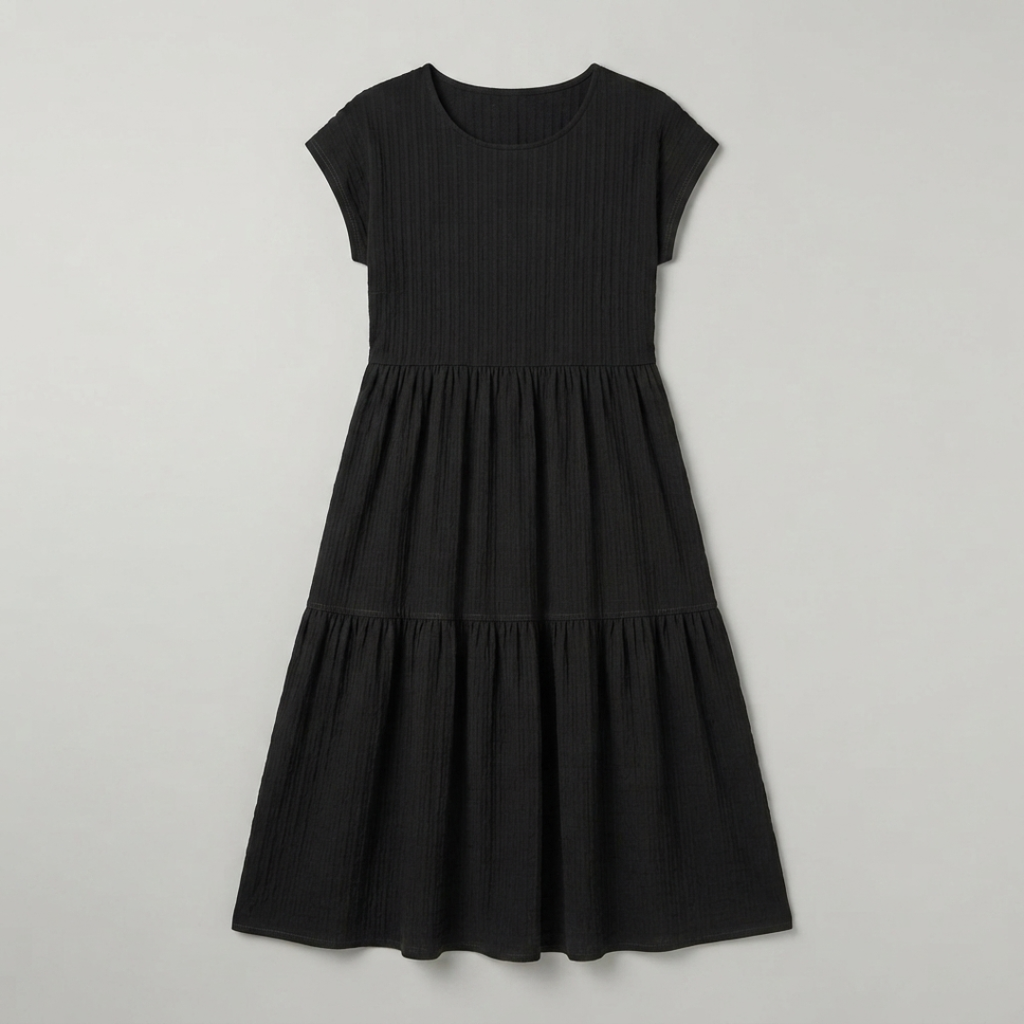 A black short-sleeve tiered dress with a textured, ribbed fabric, shown flat against a light gray background.
