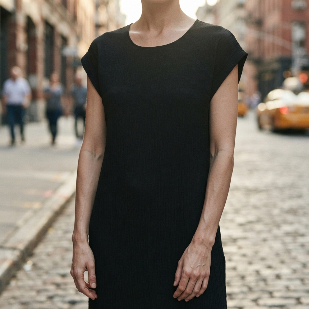 A woman wearing a black short-sleeve knit dress standing on a cobblestone city street with blurred pedestrians and buildings in the background.