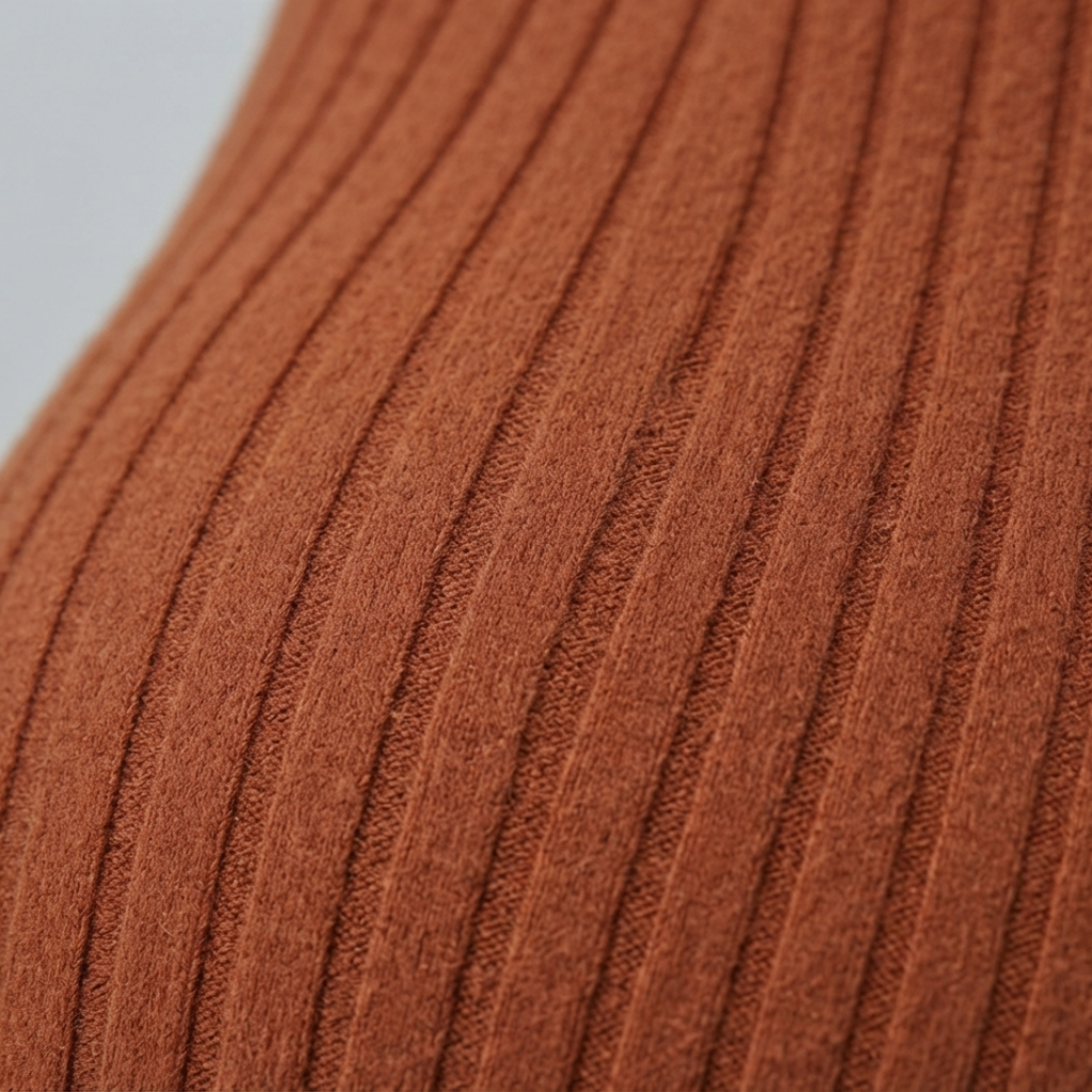 Close-up of a ribbed knit fabric in a warm rust or terracotta brown color, showing the vertical rib texture against a light gray background.
