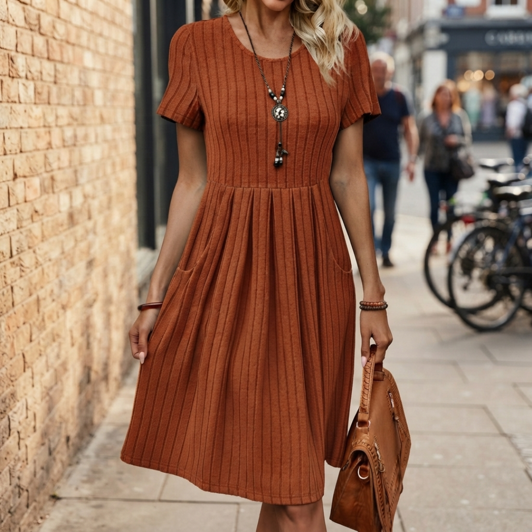 A woman wearing a rust-orange short-sleeve pleated knit dress walks on a city sidewalk next to a brick wall, holding a brown leather handbag.