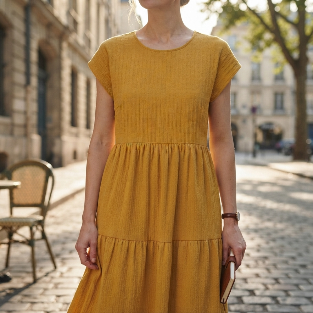 A woman wearing a mustard yellow tiered linen dress with short cap sleeves, standing on a cobblestone street in an outdoor urban setting.