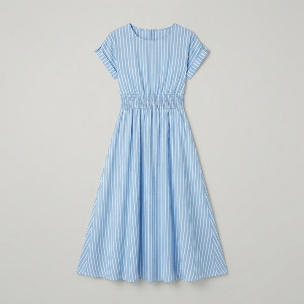 A light blue and white vertically striped short-sleeve dress with a smocked waist, shown flat against a light gray background.