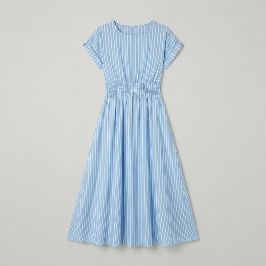 A light blue and white vertically striped short-sleeve dress with a smocked waist, shown flat against a light gray background.