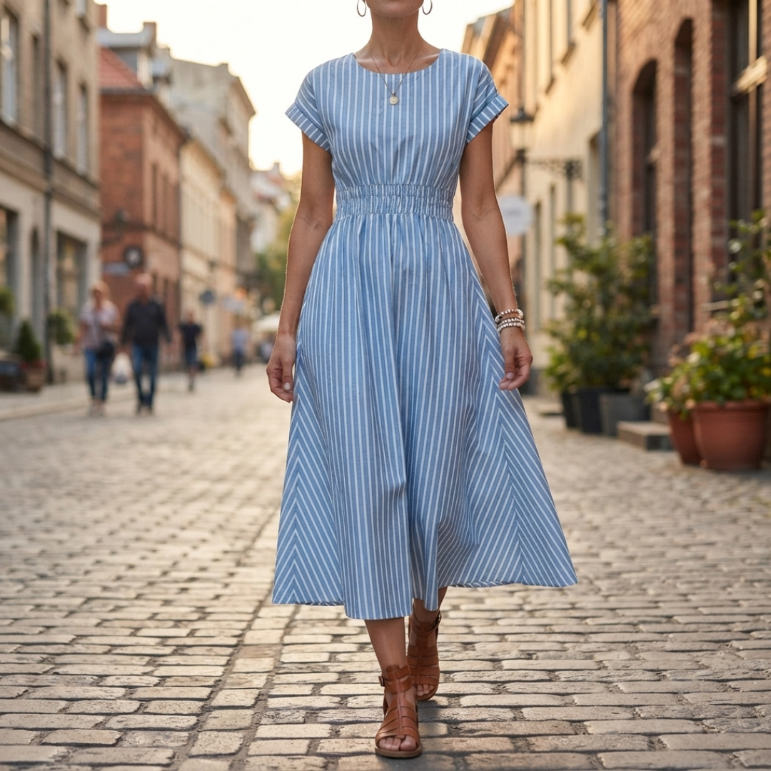 A woman wearing a light blue and white vertically striped midi dress with short sleeves and a gathered waist, walking down a cobblestone street lined with buildings.