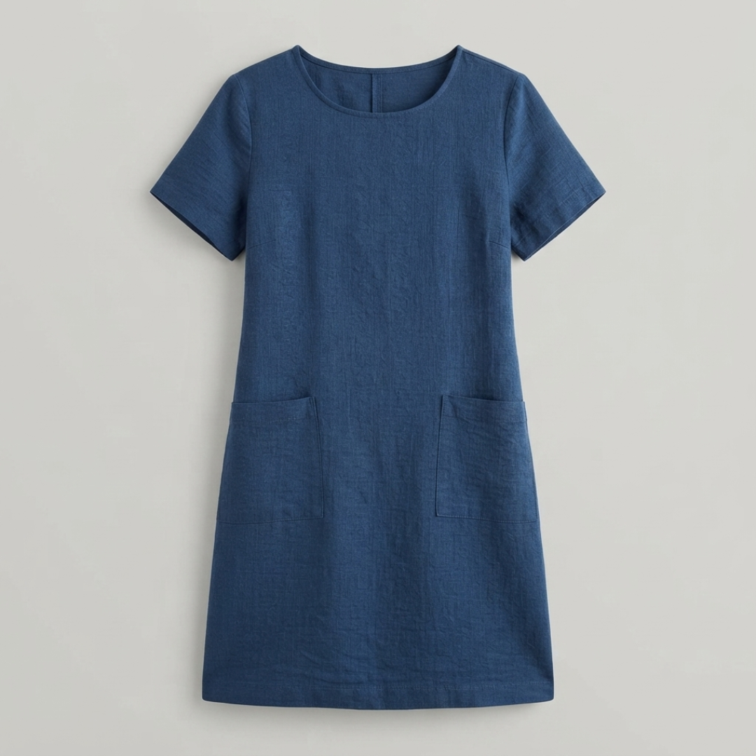 A short-sleeve blue linen dress with a round neckline and two front patch pockets, shown flat against a light gray background.