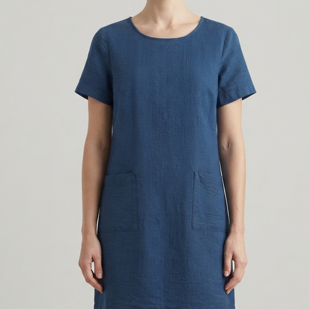 A woman wearing a short-sleeve blue linen dress with two front patch pockets, photographed against a plain light gray studio background.