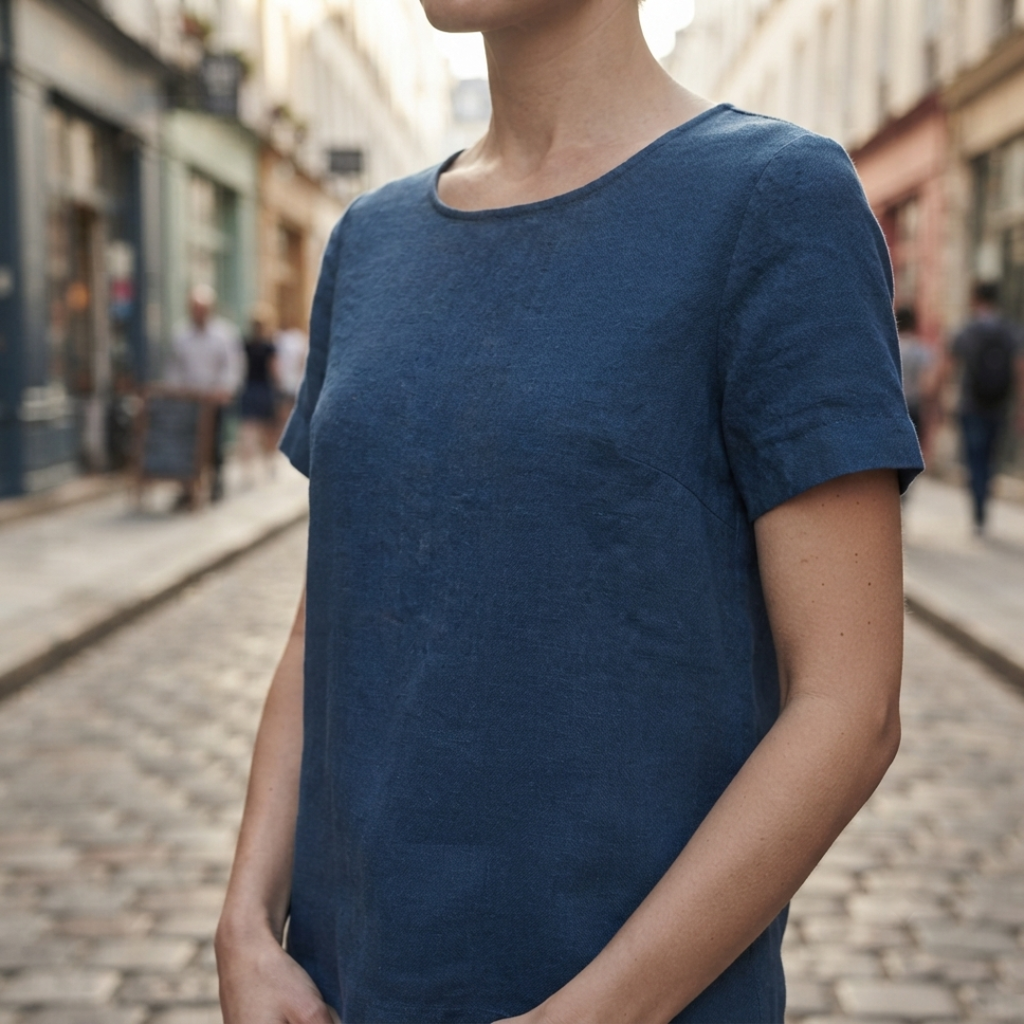 A woman wearing a short-sleeve crewneck t-shirt in a dark blue linen-like fabric, standing on a cobblestone street with blurred buildings in the background.