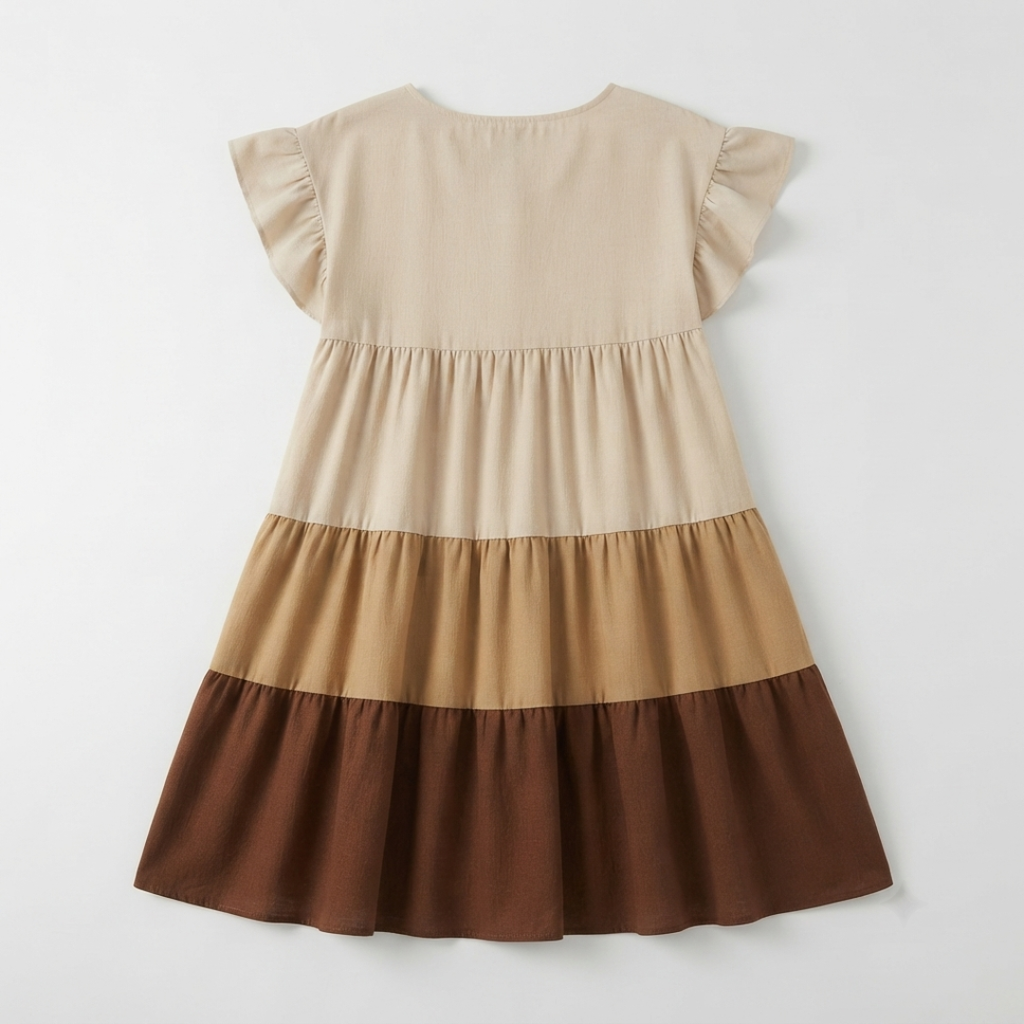 A tiered baby dress with ruffled cap sleeves, featuring horizontal color-blocked panels in beige, tan, and dark brown, shown against a plain light gray background.
