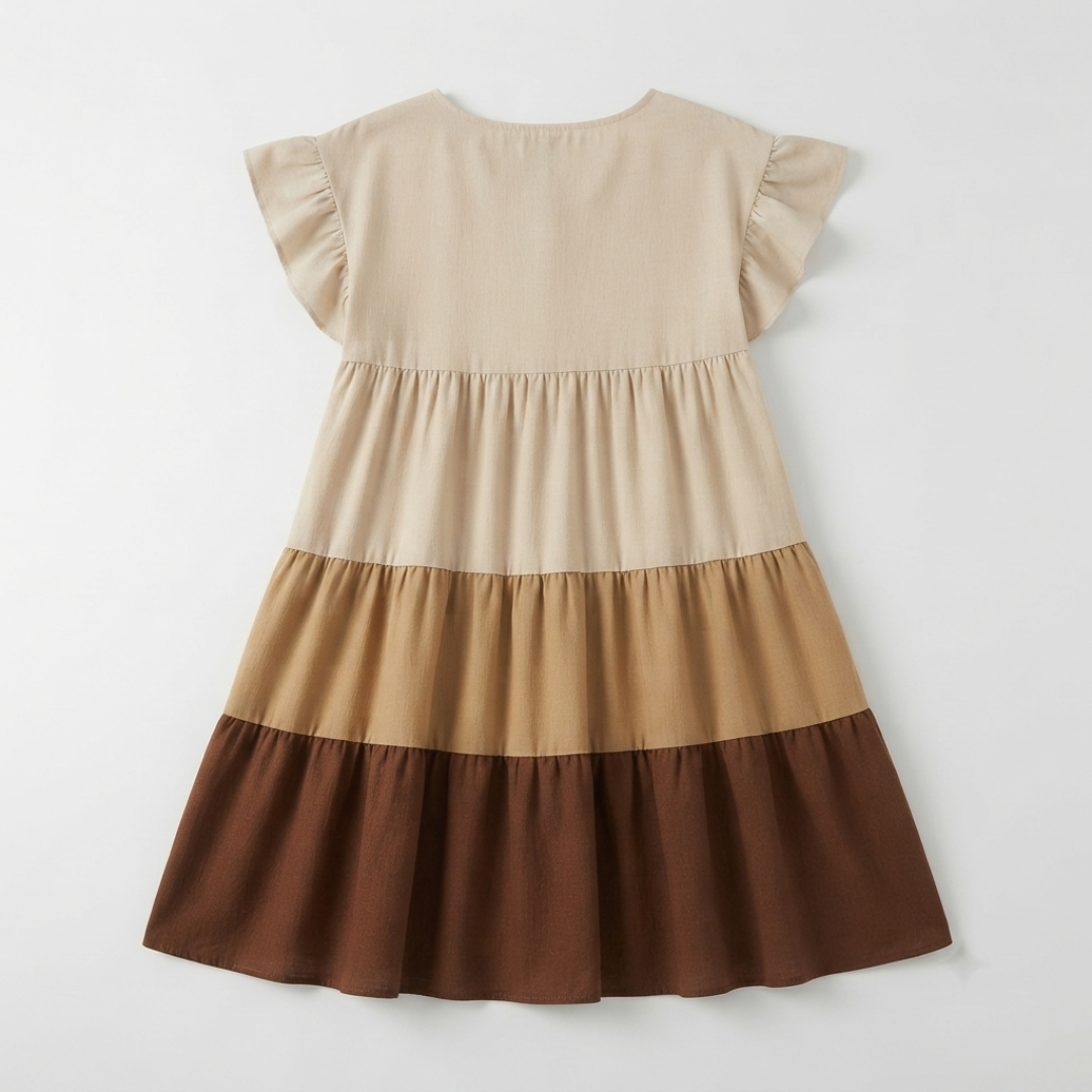 A tiered baby dress with ruffled cap sleeves, featuring horizontal color-blocked panels in beige, tan, and dark brown, shown against a plain light gray background.