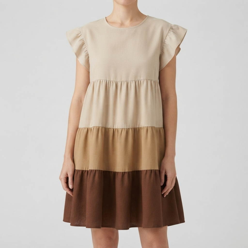 A woman wearing a tiered mini dress with ruffled cap sleeves, featuring horizontal color-blocked panels in beige, tan, and dark brown against a light gray studio background.