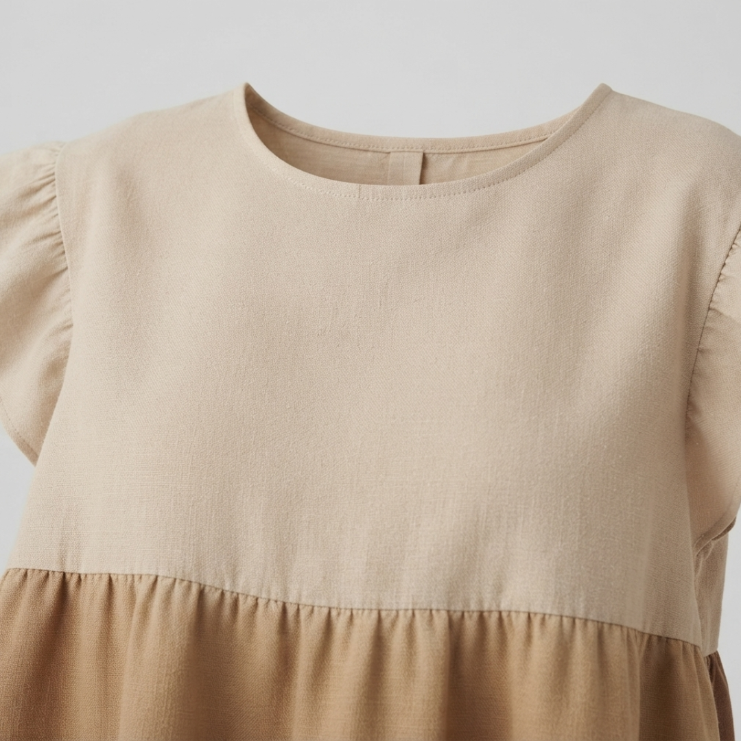 A close-up of a beige and tan tiered dress with short ruffled sleeves, showing the fabric texture and neckline against a neutral light gray background.