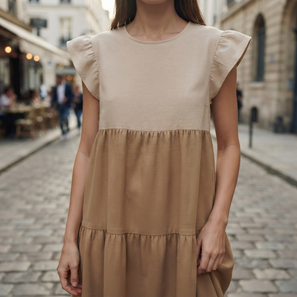 A woman wearing a two-tone dress with a light beige yoke and a warm brown skirt, standing on a cobblestone street with a blurred background.