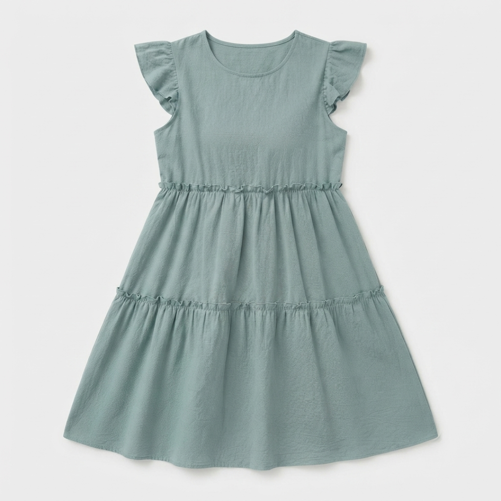 A dusty sage green tiered dress for toddlers, featuring ruffled cap sleeves, a round neckline, and gathered seams at the waist and hips, shown against a light gray background.