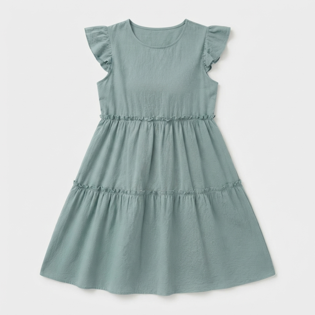 A dusty sage green tiered dress for toddlers, featuring ruffled cap sleeves, a round neckline, and gathered seams at the waist and hips, shown against a light gray background.