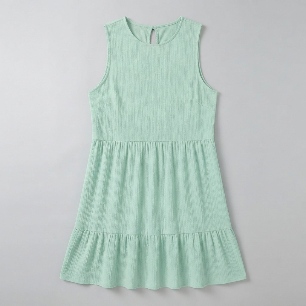 A sleeveless, tiered mini dress in a light mint green color with a textured crinkle fabric, shown flat against a light gray background.