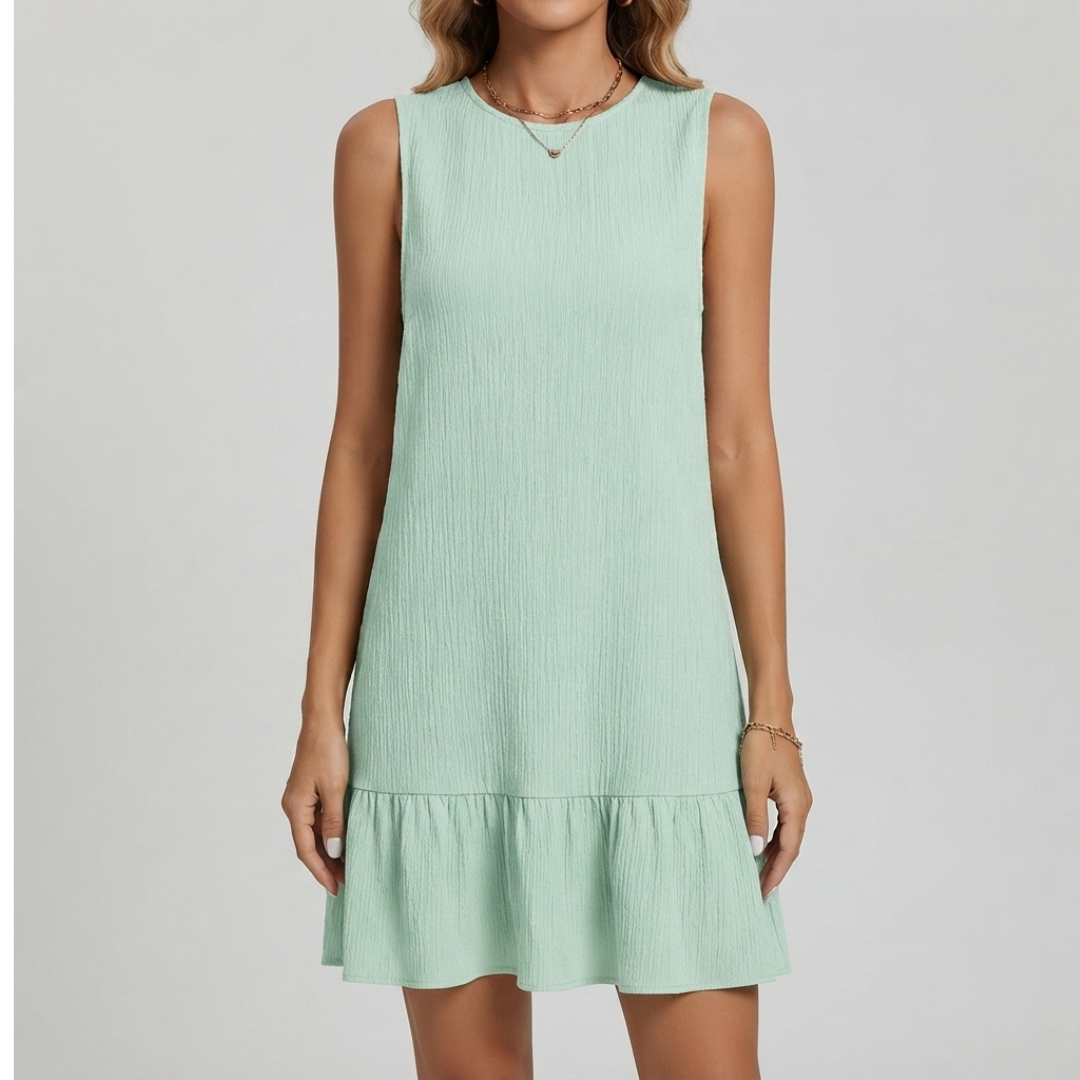 A woman wearing a sleeveless, light mint green crinkle-textured mini dress with a tiered hem, photographed against a neutral light gray studio background.