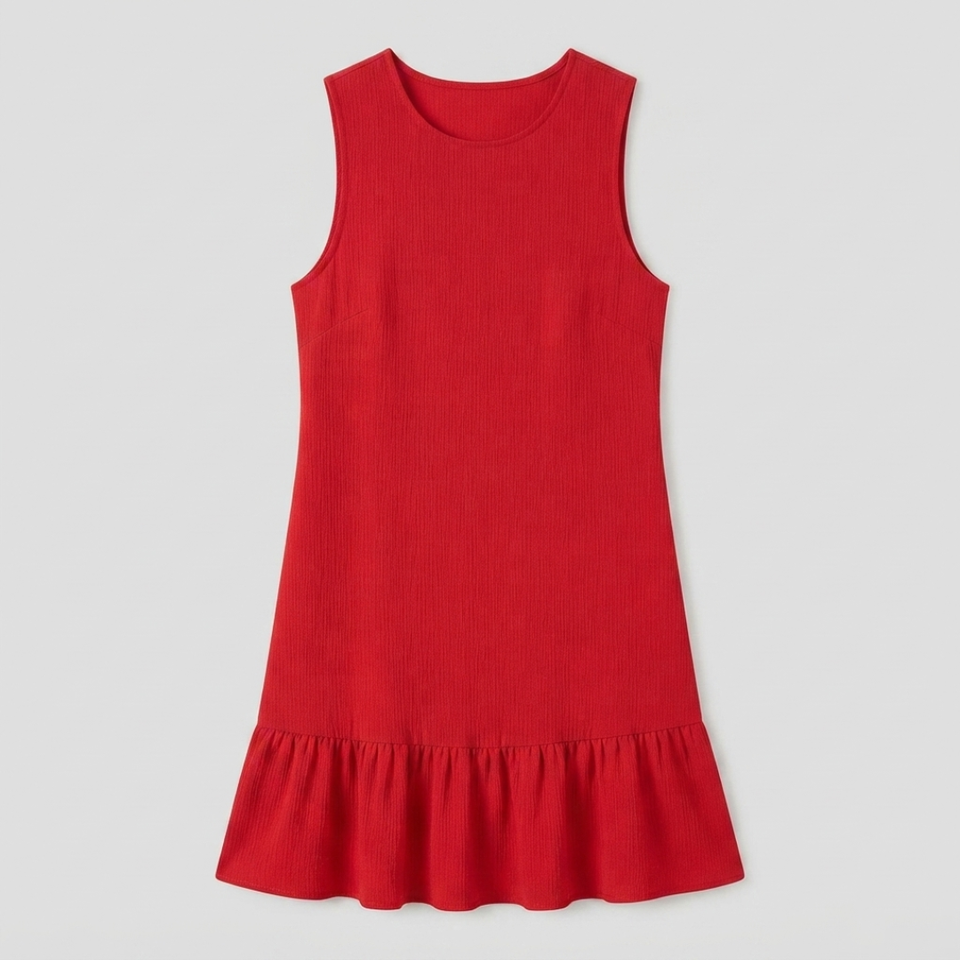 A sleeveless red ribbed knit dress with a round neckline and a ruffled hem, shown flat against a light gray background.