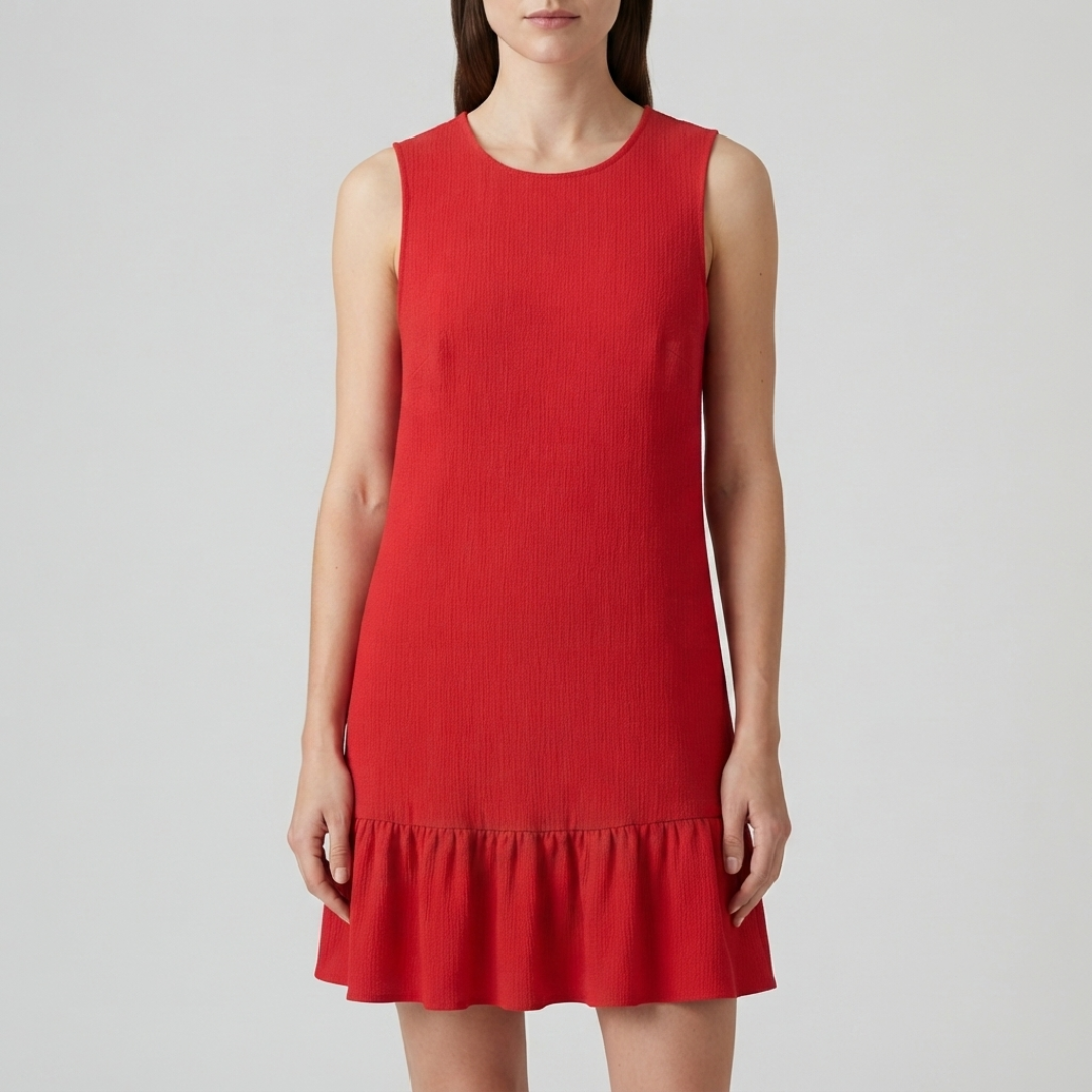 A woman wearing a sleeveless red shift dress with a textured vertical rib pattern and a ruffled hem, photographed against a light gray studio background.