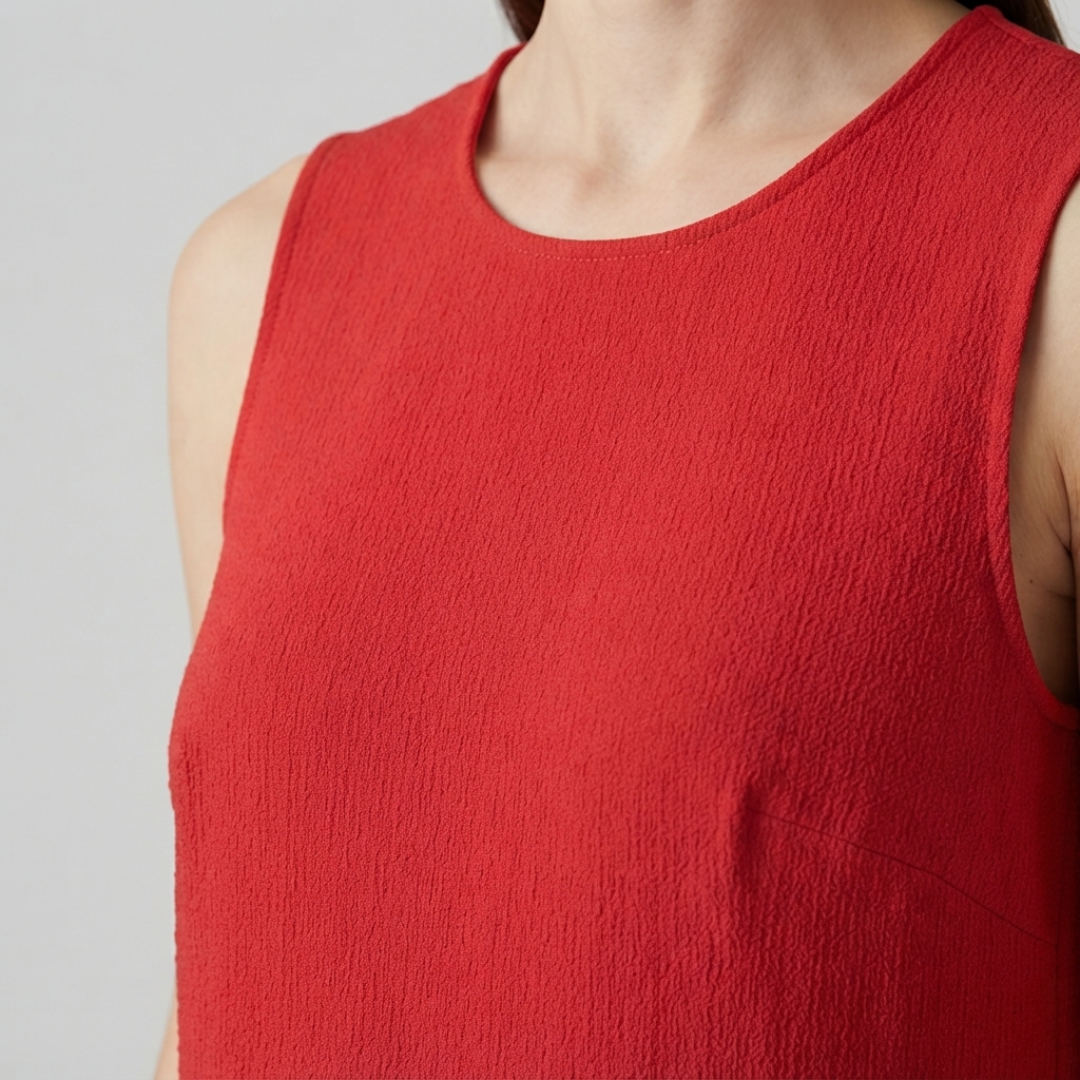 A close-up of a person wearing a sleeveless red top with a textured crinkled fabric and a round neckline, shown against a light gray background.