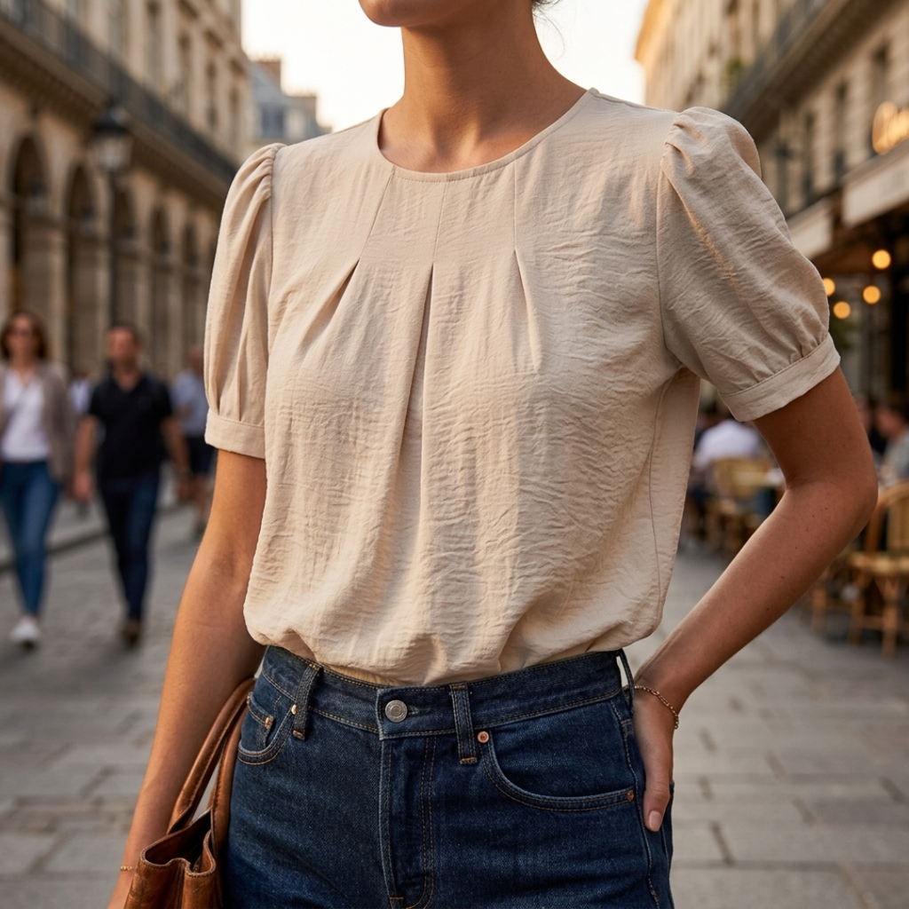 A woman wearing a beige short-sleeve blouse with pleated detailing and puff sleeves, paired with dark blue jeans, standing on a city street.