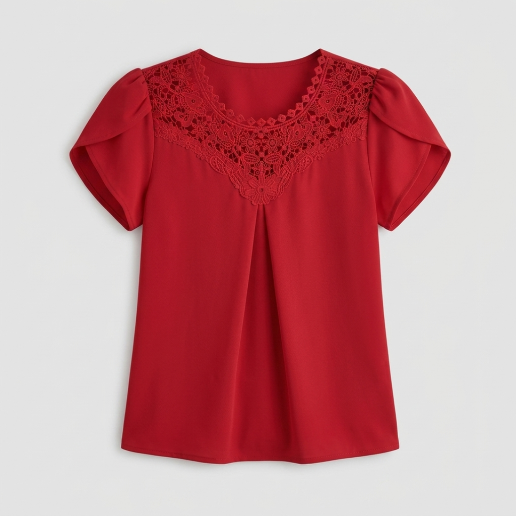 A red short-sleeve blouse with a scoop neckline, featuring a decorative red lace yoke panel and puffed sleeves, shown against a light gray background.