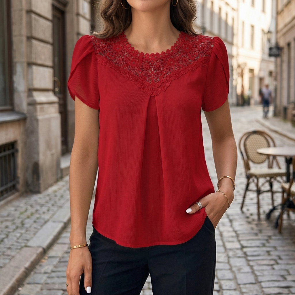 A woman wearing a red short-sleeve blouse with a scalloped lace yoke and puff sleeves, paired with dark pants, standing on a cobblestone street.