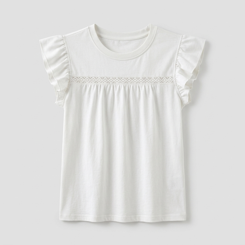 A white short-sleeve baby tee with ruffled sleeves and a delicate embroidered horizontal band across the chest, shown on a neutral light gray background.