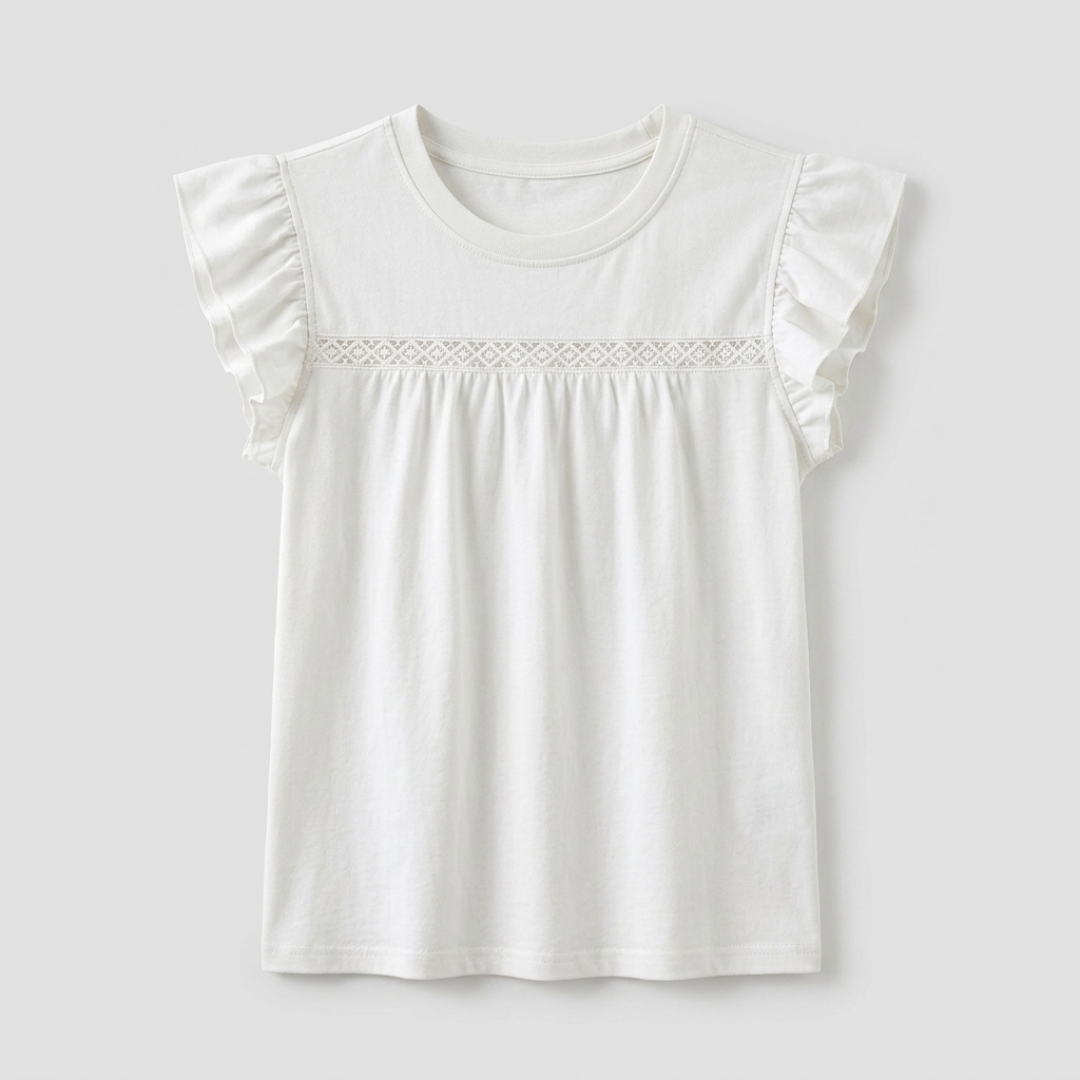 A white short-sleeve baby tee with ruffled sleeves and a delicate embroidered horizontal band across the chest, shown on a neutral light gray background.