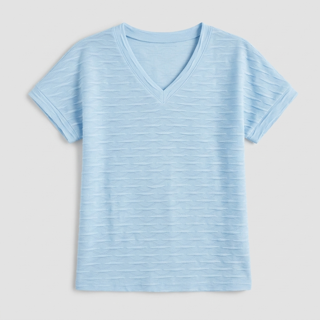 A light blue short-sleeve V-neck t-shirt with a textured, horizontally ribbed knit pattern, shown flat on a light gray background.