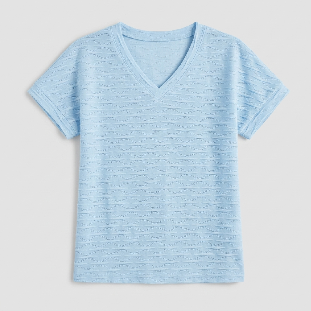 A light blue short-sleeve V-neck t-shirt with a textured, horizontally ribbed knit pattern, shown flat on a light gray background.