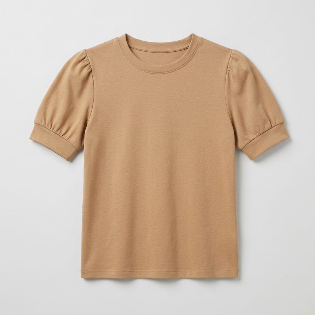 A short-sleeve crewneck t-shirt in a warm camel tan color, featuring puffed sleeves with cuffed edges, shown flat against a light gray background.