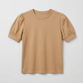 A short-sleeve crewneck t-shirt in a warm camel tan color, featuring puffed sleeves with cuffed edges, shown flat against a light gray background.