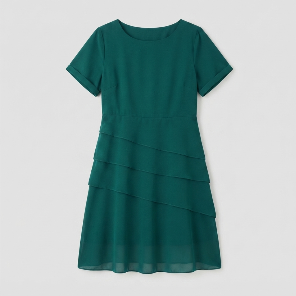 A short-sleeve, crew-neck dress in a rich emerald green color, featuring a tiered ruffle design on the skirt, shown against a neutral light gray background.
