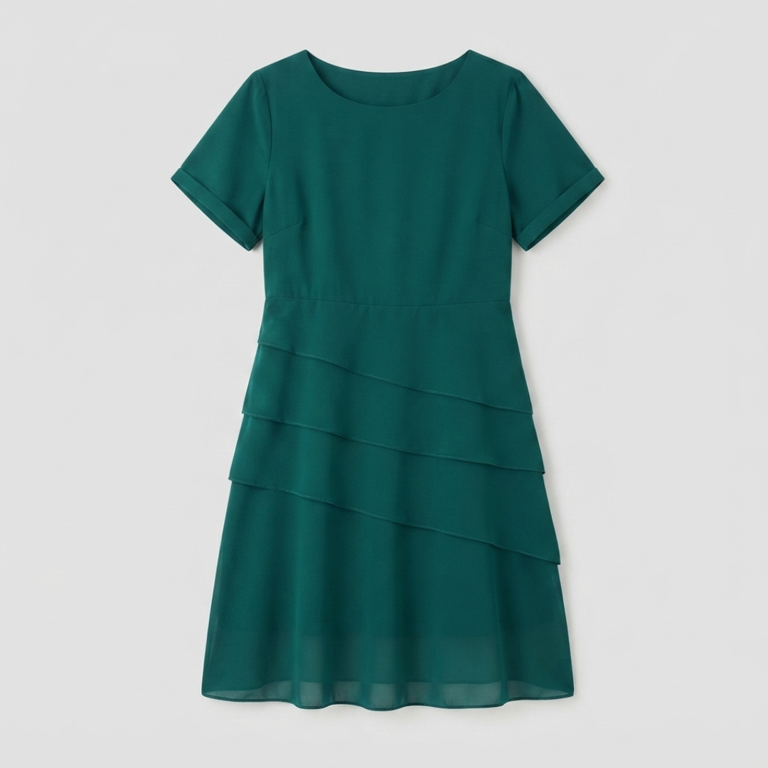 A short-sleeve, crew-neck dress in a rich emerald green color, featuring a tiered ruffle design on the skirt, shown against a neutral light gray background.