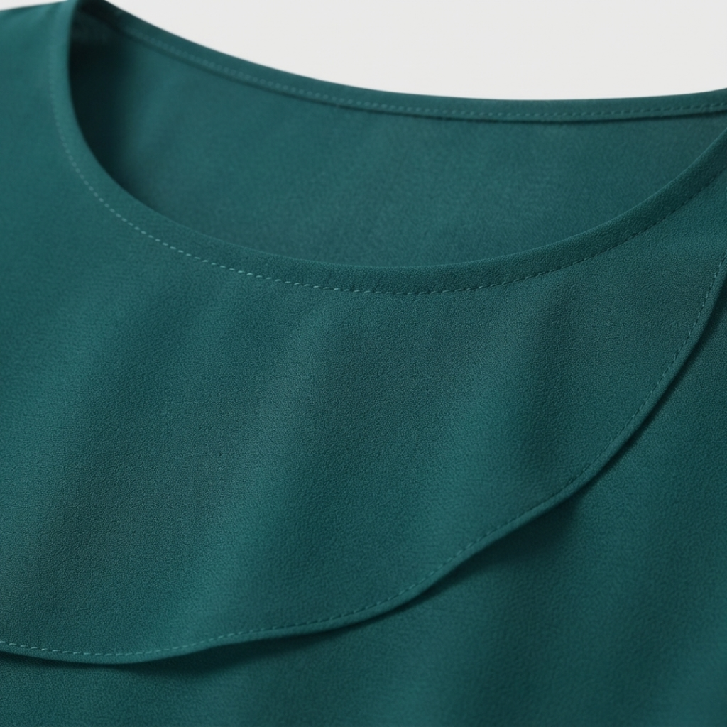 Close-up of a dark teal green garment showing the inner neckline and layered ruffle detail.